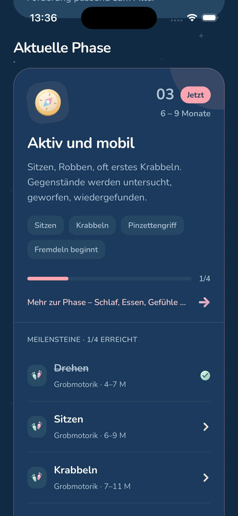 Entwicklungsphase Aktiv und mobil mit Meilensteinen wie Sitzen und Krabbeln